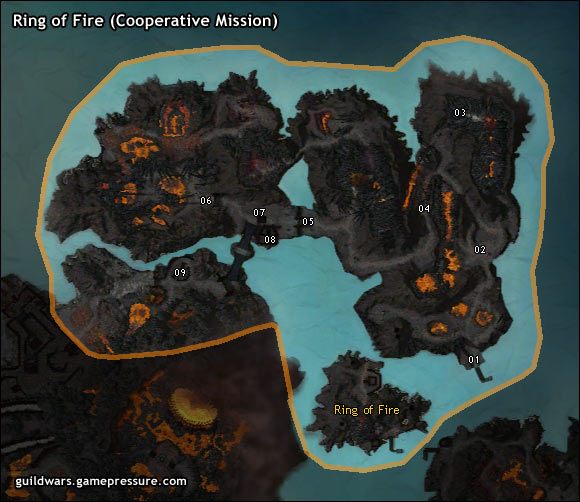 Duży wulkan w centralnej części pierścienia to miejsce gdzie bogowie podobno wyrzucili legendarne Bloodstony przed opuszczeniem Tyrii - Ring of Fire (Mission) | Ring of Fire | Guild Wars Prophecies - Guild Wars: Prophecies - poradnik do gry
