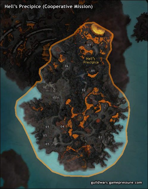 Górska droga prowadząca wzdłuż grzbietu Abaddons Mouth jest znana każdemu kto kiedykolwiek tędy maszerował jako Hells Precipice - Hells Precipice (Mission) | Ring of Fire | Guild Wars Prophecies - Guild Wars: Prophecies - poradnik do gry