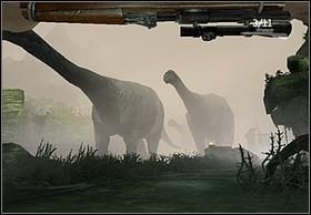 Tu zmieni się muzyka na bardziej majestatyczną i ujrzysz jeden z ładniejszych i spektakularnych widoków - maszerujące brontozaury - [Solucja] The Canyon cz.2 | Peter Jacksons King Kong - Peter Jacksons King Kong - poradnik do gry