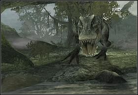 Na samym początku, gdy tylko wypłyniemy z za zakrętu po lewej stronie (będąc plecami do kierunku spływu - w ten sposób bądź ustawiony przez cały czas) nadbiegnie tyran i zaatakuje Cię - [Solucja] Rapids | Peter Jacksons King Kong - Peter Jacksons King Kong - poradnik do gry