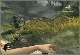 druga - zapal trawę na prawym brzegu, tak by odciąć drogę tyranowi do Ciebie - [Solucja] Rapids | Peter Jacksons King Kong - Peter Jacksons King Kong - poradnik do gry