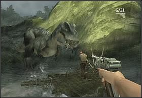 Gdy trawa zapłonie prawy jaszczur przyprowadzi atak nieco dalej, dochodząc blisko wody przez szare przejście między skałami - [Solucja] Rapids | Peter Jacksons King Kong - Peter Jacksons King Kong - poradnik do gry