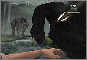 Jeden z członków drużyny zauważy, że przy wylocie czekać na was już będzie napastnik (odwróć się teraz w kierunku spływu) - [Solucja] Rapids | Peter Jacksons King Kong - Peter Jacksons King Kong - poradnik do gry