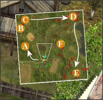 Idziemy na północny-zachód (patrząc na naszą mapę powyżej), zabijając pochowanych w lasach [A - mapa] wrogich żołnierzy - Misja 5 - Polowanie na snajperów | Outfront Na Tyłach Wroga - Outfront: Na Tyłach Wroga - poradnik do gry
