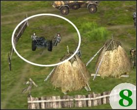 W miasteczku [E - mapa] wpierw wysyłamy pojedynczego człowieka, który zniszczy granatem działko [rys - Misja 5 - Polowanie na snajperów | Outfront Na Tyłach Wroga - Outfront: Na Tyłach Wroga - poradnik do gry