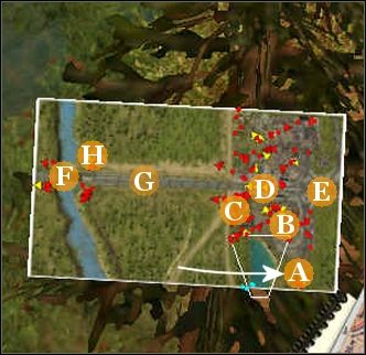Idziemy do miejsca [A - mapa] wzdłuż brzegu mapy, pokonując wpław jeziorko [rys - Misja 9 - Pociąg | Outfront Na Tyłach Wroga - Outfront: Na Tyłach Wroga - poradnik do gry