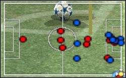 Na czas wykonywania rzutu rożnego następuje przesunięcie czterech czerwonych piłkarzy do ataku - Niuanse formacji i strategii | Podstawy Pro Evolution Soccer 5 - Pro Evolution Soccer 5 - poradnik do gry
