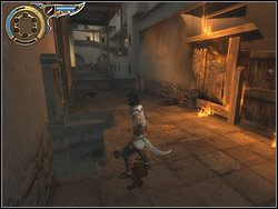 Idź w prawo, przejdź po belce i skocz z niej na wprost, na znajdujący się naprzeciw taras - [02] Harbor District (dzielnica portowa) | Prince of Persia Dwa Trony - Prince of Persia: Dwa Trony - poradnik do gry
