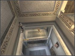 Daj susa na kładkę po lewej, dojdź na jej koniec i podskocz do góry tak, by złapać się kamiennego parapetu - [04] The Palace Balcony (balkony pałacowe) | Prince of Persia Dwa Trony - Prince of Persia: Dwa Trony - poradnik do gry