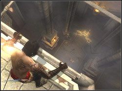 Wbiegnij na ścianę naprzeciw fontanny i wbij nóż w rowek prostokątnego mechanizmu - [20] The Temple (świątynia) | Prince of Persia Dwa Trony - Prince of Persia: Dwa Trony - poradnik do gry