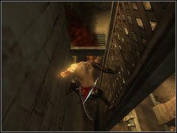 Pobiegnij poziomo po lewej ścianie i przed załomem skocz w prawo, łapiąc się krawędzi drewnianego, zabudowanego balkoniku - [21] The Marketplace (rynek) | Prince of Persia Dwa Trony - Prince of Persia: Dwa Trony - poradnik do gry