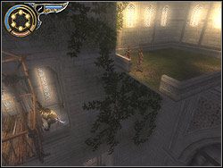 Zwieś się z prawej strony barierki kabiny, a następnie przeskocz na narożny taras z dwoma Czarodziejkami - [41] The Middle Tower (średnia wieża) | Prince of Persia Dwa Trony - Prince of Persia: Dwa Trony - poradnik do gry