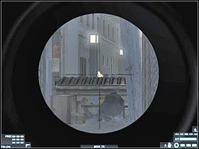 Najlepiej byłoby się teraz ostrożnie wychylić w celu zlikwidowania snajpera przyczajonego na dachu przeciwległego budynku (#1) - [Misja 12] [Segment 1/2] Marseilles | Rainbow Six Lockdown - Tom Clancys Rainbow Six: Lockdown - poradnik do gry