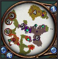 Twoim pierwszym zadaniem jest zdobycie trzech zaznaczonych na mapie obiektów: obozu (1 ), kopalni (2 ) oraz miasta (3 ) - Umberto Forest | Vinci | Rise of Nations Rise of Legends - Rise of Nations: Rise of Legends - poradnik do gry