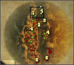 Oznaczenia na mapie: 1 - miejsca startu - [Misja 3.1] Big Canyon - The Narrow Pass cz.1 | Desperados 2 - Desperados 2: Coopers Revenge - poradnik do gry