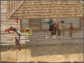 Po wstępnym oczyszczeniu stacji kolejowej zacznij przesuwać się w stronę pierwszego celu tej misji, czyli kierownika banku, który skrywa się w salonie fryzjerskim - [Misja 5.3] Santa Fe - The Bank Robbery cz.2 | Desperados 2 - Desperados 2: Coopers Revenge - poradnik do gry