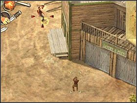 Zwróć uwagę na to, iż drzwi prowadzące do salonu fryzjerskiego, w którym ukrył się kierownik banku są zamknięte - [Misja 5.3] Santa Fe - The Bank Robbery cz.2 | Desperados 2 - Desperados 2: Coopers Revenge - poradnik do gry