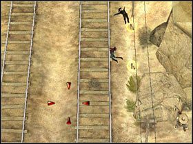 Jeden z gostków stojących niedaleko wody (po lewej stronie) po kilku sekundach powinien zauważyć ciała (#1) - [Misja 6.2] Sacred Mountain - The Way over the Pass cz.1 | Desperados 2 - Desperados 2: Coopers Revenge - poradnik do gry