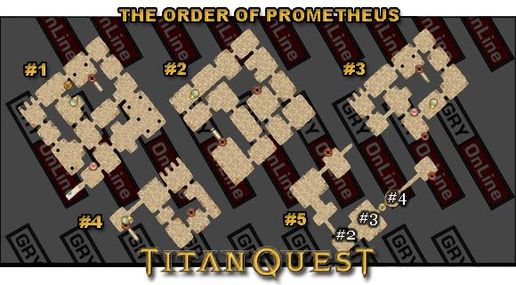 Tam, pokonując kolejne poziomy (a będzie ich pięć - mapa), trzeba dotrzeć do drzwi [#2] , za którymi dojdzie do wali z bossem [#3] (Alastor) - [Main Quest] The Order of Prometheus | Solucja Titan Quest - Titan Quest - poradnik do gry