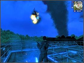 Będziesz teraz szybciutko musiał zlokalizować drabinę (#1), dzięki której przedostaniesz się na samą górę - [Misja 13] Ive Got the Power | Just Cause - Just Cause - poradnik do gry