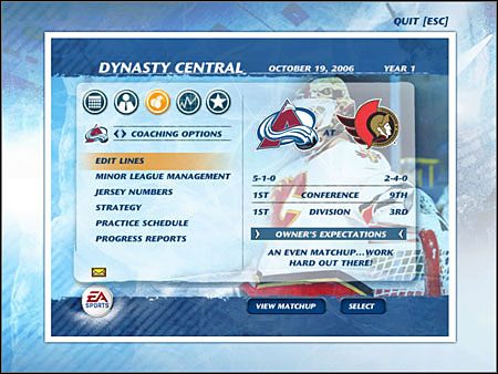 Edit Lines - miejsce, w którym dokonujesz zmian wśród piątek wyjeżdżających na lodowisko - Dynasty Mode, Coaching Options | Game Mods w NHL 07 - NHL 07 - poradnik do gry