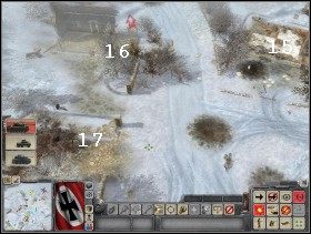 Za budynkiem w pobliżu lazaretu (15) znajduje się działo (21) i trzy działka (jedno w górę, jedno w lewo i jedno w dół) - Misja 5 | Kampania niemiecka | Faces of War Oblicza Wojny - Faces of War: Oblicza Wojny - poradnik do gry