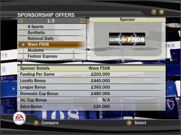 Wkład finansowy (Funding Per Game) - kwota przekazywana klubowi za każdy mecz - Wybór sponsora | Tryb menedżerski FIFA 07 - FIFA 07 - poradnik do gry