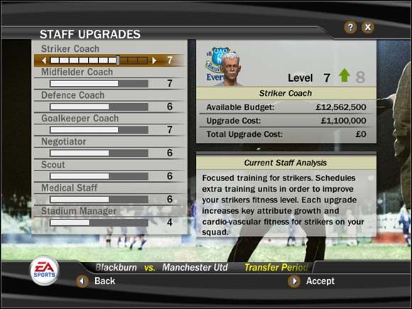 Nasz klub możemy usprawnić na 8 sposobów, każdy z nich dzieli się na 10 poziomów zaawansowania - Wewnątrz klubu | Tryb menedżerski FIFA 07 - FIFA 07 - poradnik do gry