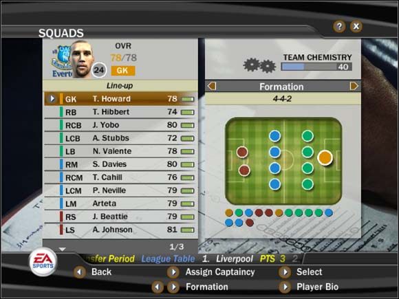 Dwoma przyciskami na dole ekranu(< i >) zmieniamy formację - Rola na boisku | Tryb menedżerski FIFA 07 - FIFA 07 - poradnik do gry