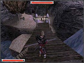 Na miejscu nie musisz od razu tańczyć z Talasem smętnych piosenek (obrazek z lewej) wystarczy przytulić go na pożegnanie i udać się na most (obrazek z prawej) - Gniazdo Pełzaczy (5) | Rozdział 2 | Gothic - Gothic - poradnik do gry