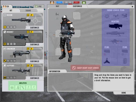 W sekcji zaznaczonej na niebiesko znajdują się ikony odblokowanych urządzeń - Dobór sprzętu i kolejność odblokowywania - Battlefield 2142 - poradnik do gry