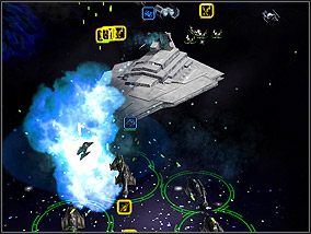 Bombowce i myśliwce atakujące niszczyciela Imperium. - Misja 5 - Pozostałości Gwiazdy Śmierci - Kampania - Star Wars: Empire at War - Forces of Corruption - poradnik do gry