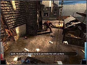 Poniżej rozjuszony Cyklop przeprowadza rzeź pośród mieszkańców i obrońców Stonehelm. - The Gate of Stonehelm (1) | Rozdział 1 | Dark Messiah of Might and Magic - Dark Messiah of Might and Magic - poradnik do gry