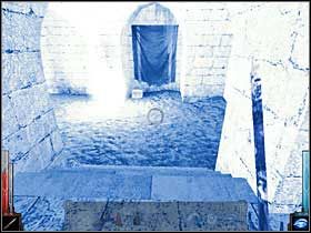 Schodząc po schodach widzimy uformowany w kostkę kamień pod fragmentem zwisającej draperii. - The Gleam of a Cold Knife (4) | Rozdział 2 | Dark Messiah of Might and Magic - Dark Messiah of Might and Magic - poradnik do gry