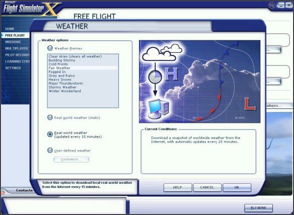 Menu wyboru pogody. - Microsoft Flight Simulator X: Pogoda i paliwo | Boeing 737-800 - Microsoft Flight Simulator X - poradnik do gry