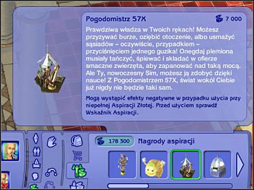 Pogodomistrz znajduje się w tym samym menu, w którym można odnaleźć inne nagrody aspiracji. - Narzędzie do zmian pogody | Zmiany | The Sims 2 Cztery Pory Roku - The Sims 2: Cztery pory roku - poradnik do gry