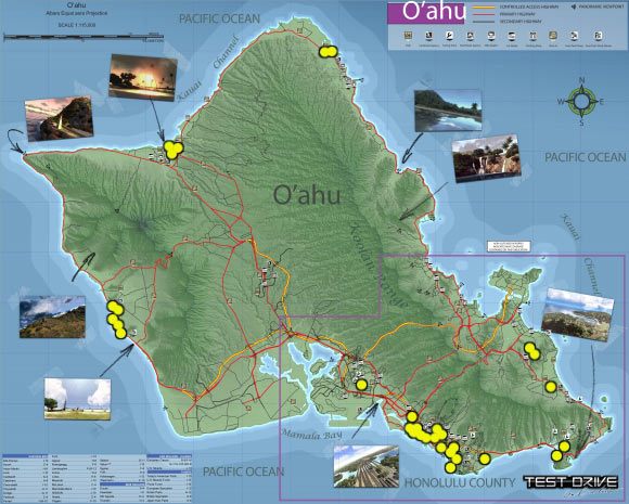 Żółte punkty na mapie to miejsca, w których będzie można wykonywać zadania związane z podwożeniem modelek - dodatkowe wyzwania | Mapa Oahu | Test Drive Unlimited - Test Drive Unlimited - poradnik do gry
