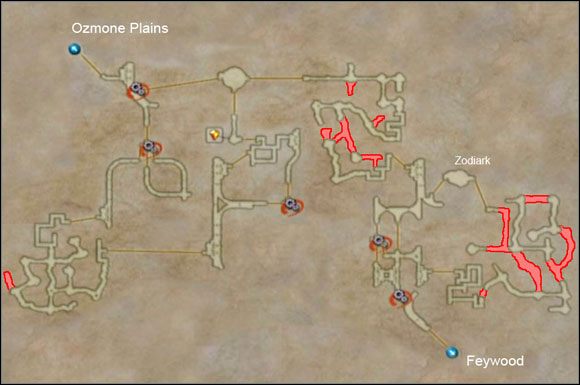 Ukryte obszary zaznaczone są na czerwono. - Henne Mines II | Dodatkowe mapy w Final Fantasy XII - Final Fantasy XII - poradnik do gry
