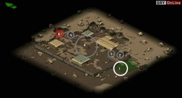 1: Punkt startowy, a zarazem po ukończeniu misji punkt ewakuacji - Mapy: Preoria | Fallout Tactics Brotherhood of Steel - Fallout Tactics: Brotherhood of Steel - poradnik do gry