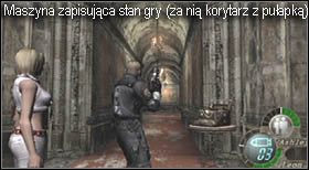 Po rozpoczęciu etapu przejdź przed siebie, aż dojdziesz do maszyny zapisującej stan gry - skorzystaj z niej - Castle (3-1) - Ashley wpada w pułapkę | Solucja Resident Evil 4 - Resident Evil 4 - PC - poradnik do gry