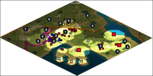Bitwę zaczynasz posiadając dwa miasta: 1 (tu stacjonuje Twoja armia) i 2 (nie ufortyfikowane i bez garnizonu) - Thrace | Alexander the Great w Rise of Nations - Rise of Nations - poradnik do gry