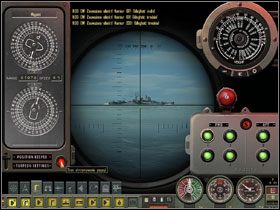 Z lewej, ponad Panelem Rozkazów oznaczony kursorem znajduje się Urządzenie Utrzymania Pozycji (PK) w ustawieniu funkcji Pozycja Dozoru - Torpedo Attack - Tryb swobodny w zanurzeniu | Submarine School w Silent Hunter 4 - Silent Hunter 4: Wolves of the Pacific - poradnik do gry
