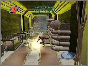 Przeskocz przez płomienie i udaj się do przejścia na końcu korytarza [1] - Part 4 - Caryles Plan - Mad Bomber - Spider-Man 3: The Game - poradnik do gry