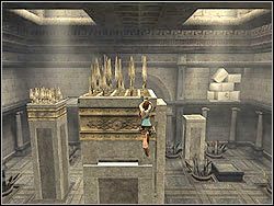 Spowodujesz, że wszystkie kamienne bloki w sali z ostrzami wysuną się z podłogi i powędrują wysoko w górę, tworząc kolumny - 08. Pałac Midasa (1) | Grecja w Tomb Raider Anniversary - Tomb Raider: Anniversary - poradnik do gry