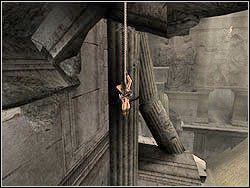 Przeskocz z występu na jego sąsiada po prawej, a następnie ustaw się tak, by mieć zwisającą opodal z góry linę za plecami - 08. Pałac Midasa (2) | Grecja w Tomb Raider Anniversary - Tomb Raider: Anniversary - poradnik do gry