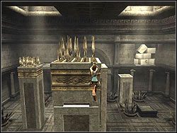 Spowodujesz, że wszystkie kamienne bloki w sali z ostrzami wysuną się z podłogi i powędrują wysoko w górę, tworząc kolumny - Poziom 08. Pałac Midasa (1) | Sekrety w Tomb Raider Anniversary - Tomb Raider: Anniversary - poradnik do gry