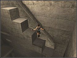 Przeskocz teraz w stronę kamiennych bloków tworzących schody, powinnaś dosięgnąć któregoś z niżej położonych - Poziom 11. Obelisk Khamoon (2) | Sekrety w Tomb Raider Anniversary - Tomb Raider: Anniversary - poradnik do gry
