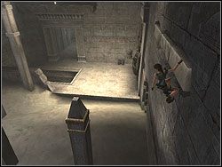 Przesuń się na rękach dosłownie o metr w lewo, po czym przeskocz na wierzchołek słupa za tobą - Poziom 10. Świątynia Khamoon (2) | Sekrety w Tomb Raider Anniversary - Tomb Raider: Anniversary - poradnik do gry