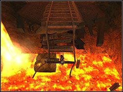 Złapiesz się bezwiednie zwisającej, poziomej belki - przeskocz z niej na prawo, na niewielki kawałek wystającego z lawy kształtownika - Poziom 13. Kopalnie Natli (2) | Sekrety w Tomb Raider Anniversary - Tomb Raider: Anniversary - poradnik do gry