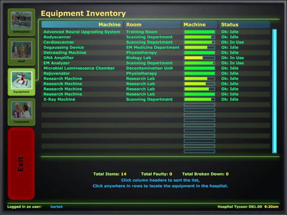Equipment Inventory to nic innego jak lista posiadanych urządzeń medycznych oraz ich aktualny stan - Komputer | Podstawy Hospital Tycoon - Hospital Tycoon - poradnik do gry